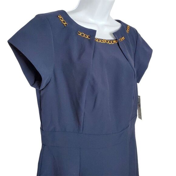 Shelby and Palmer Sheath Dress Sz 10 Navy Blue Gold Chain Accent Career Office - Picture 2 of 4